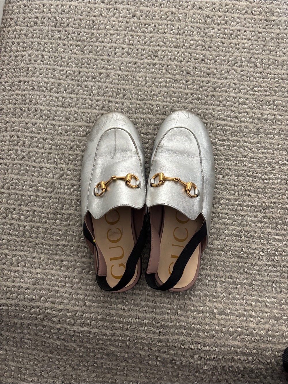 Girls Silver Leather Horsebit Slingback Loafers - Gucci